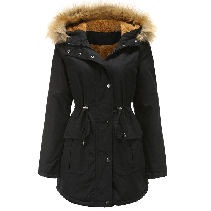 Veste à capuche col en fourrure en velours doublé medium hiver pour femme