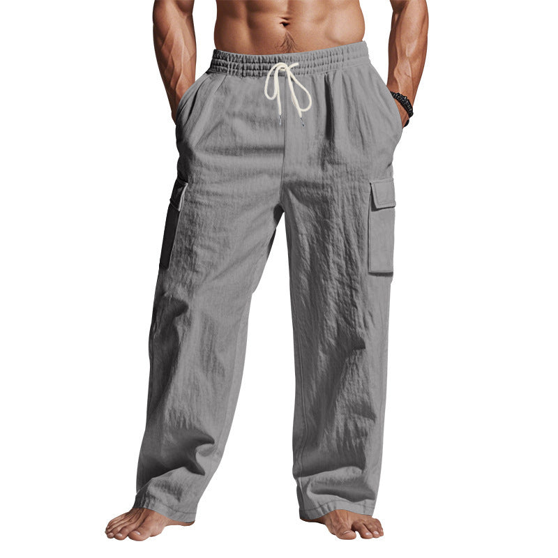 Men's Multi-Pocket Linen Cargo Trousers Straight Leg Casual Wear - LAKD London