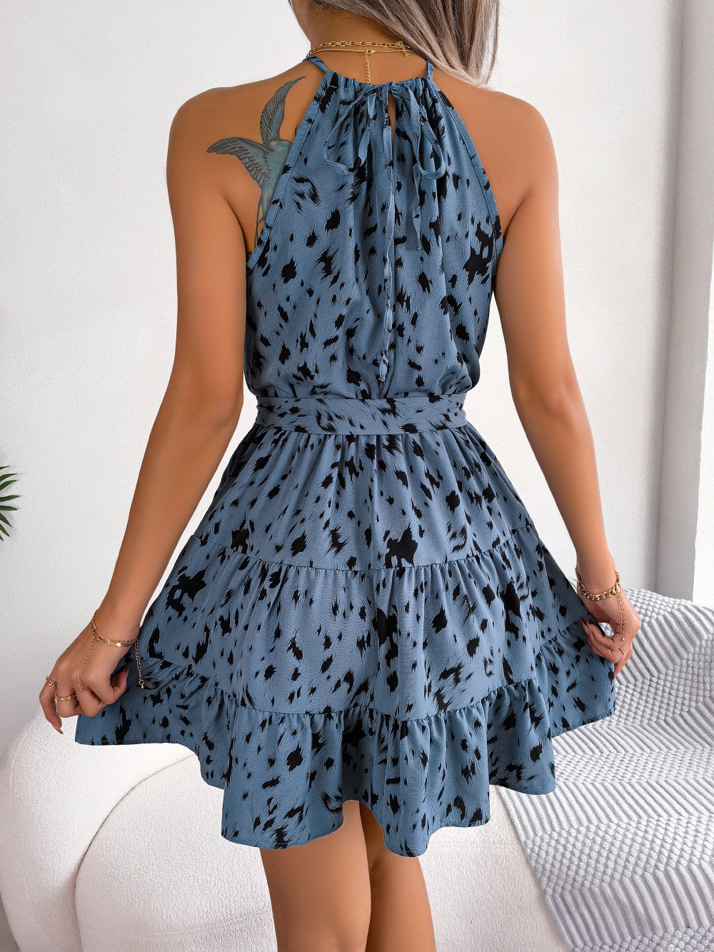 Robe décontracté imprimé léopard à volants évasé été plage pour femme