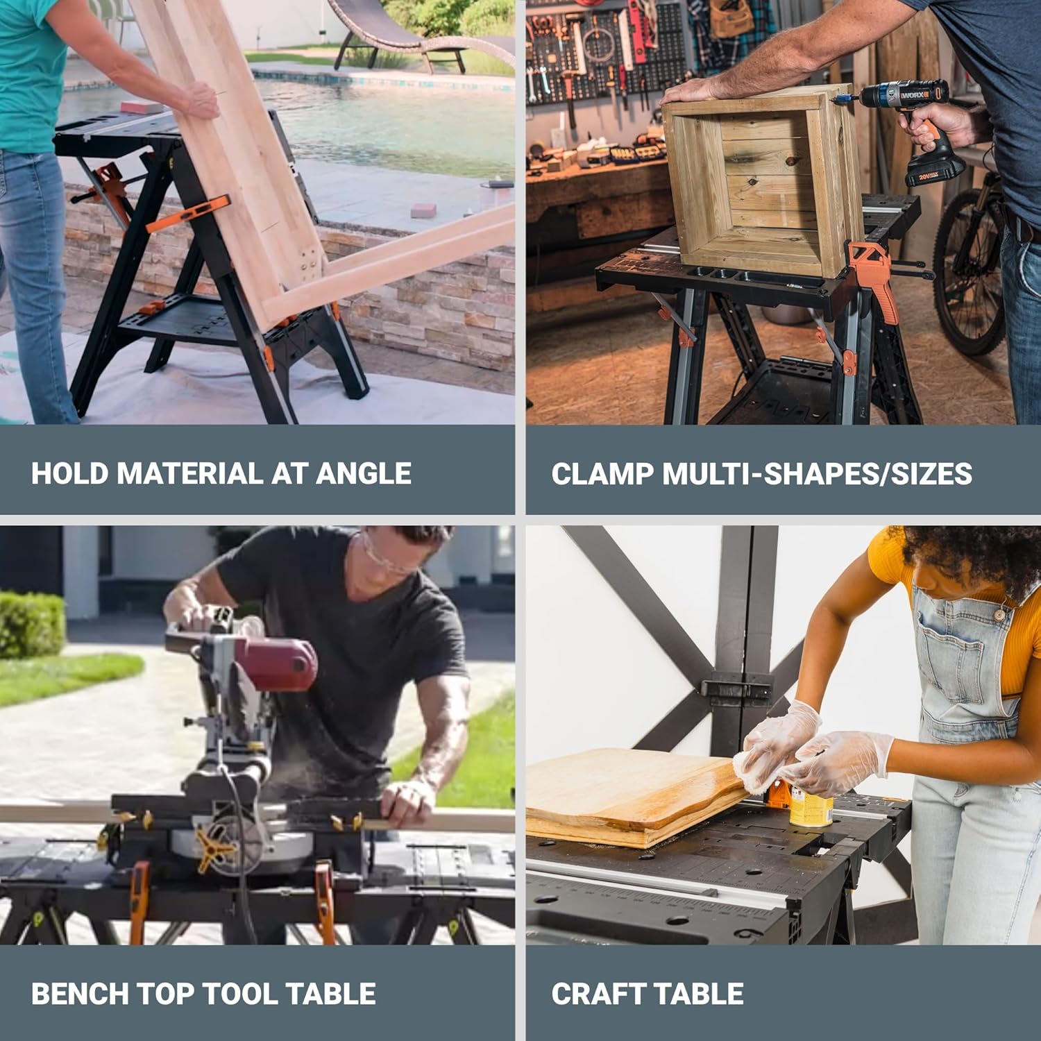 2026 2025 Table de Travail et Chevalet Pliant 2-en-1 Worx Pegasus, Banc de Travail Portable Facile à Installer, 31" L x 25" P x 32" H, Léger avec Haute Capacité de Charge, WX051 - Inclut 2 Serres et 4 Brides