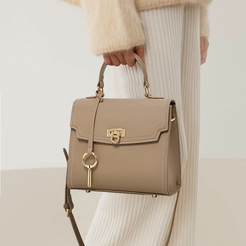 Sac à main en cuir véritable motif litchi motif vintage fermoir pour femme