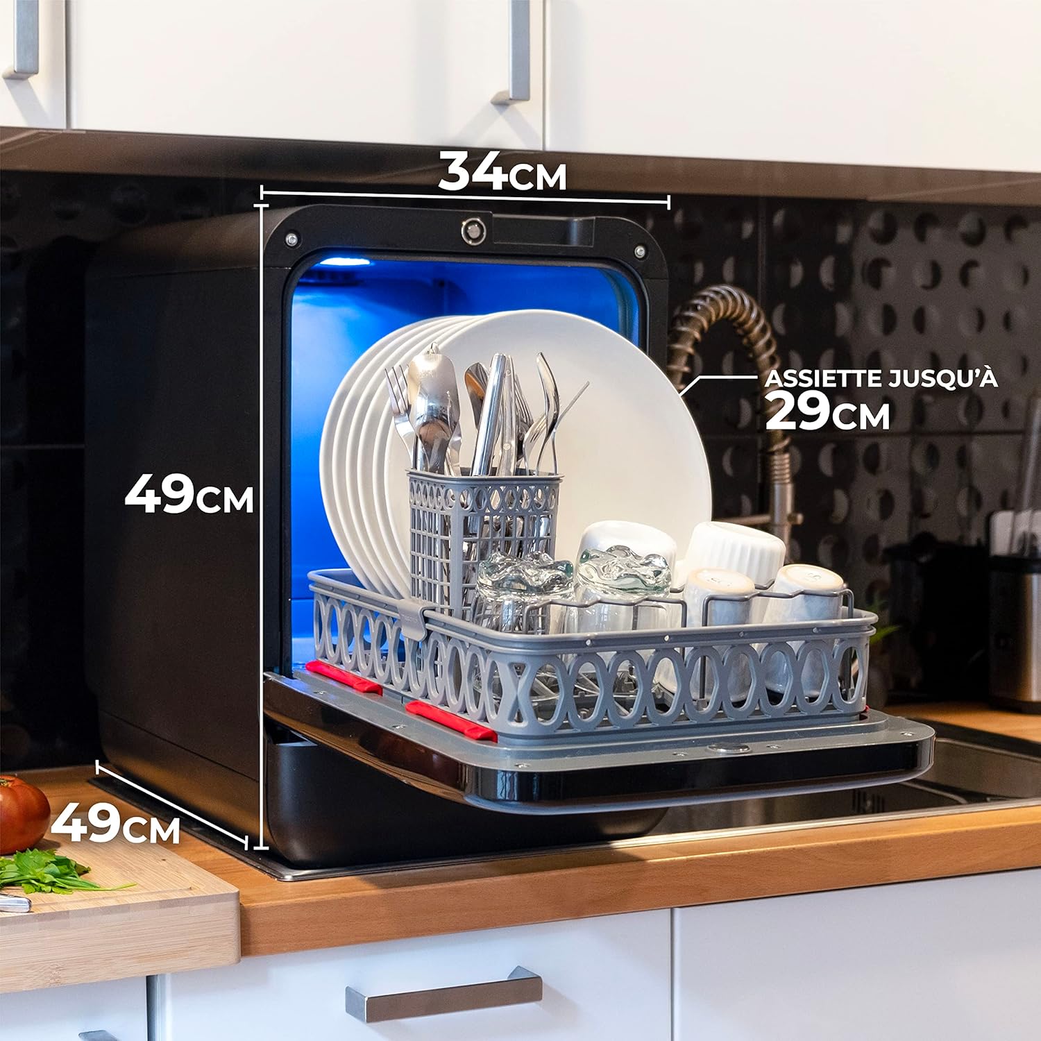 2026 DAAN TECH Bob - Lave-vaisselle Compact 3 Couverts Encastrable - Pose Libre, Avec Réservoir, Portable - Séchage Naturel - Assiette 29 cm - Label Origine France Garantie, Eco-Conçu (Blanc-Rouge)