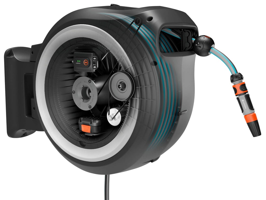 2026 Gardena Akku-Wand-Schlauchbox PowerRoll XL Ready-to-use-Set: Automatischer Schlauchaufroller mit 35 m Gartenschlauch, Schlauchführung und RollControll, Komplett-Set mit Akku (18642-20)