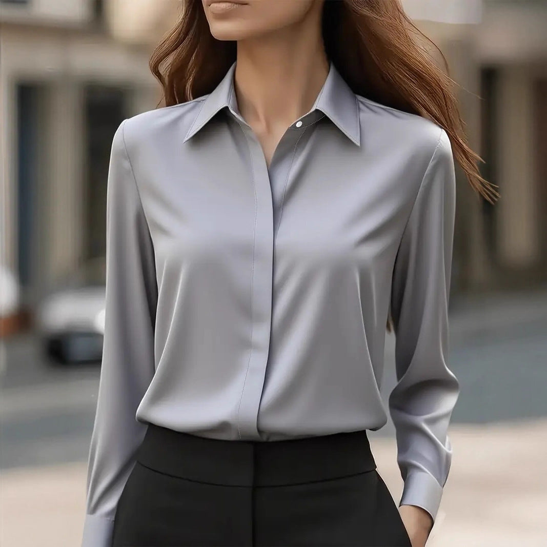 Chemisier tailleur satin à revers manches longues habillé bureau pour femme