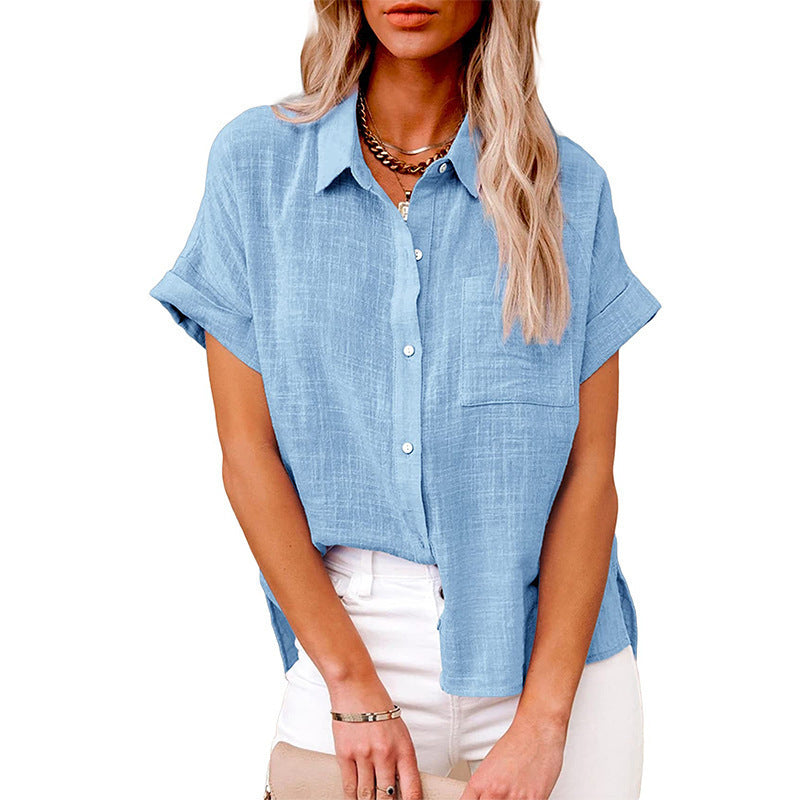Women's Summer Cotton Short Sleeve Linen Lapel Button Shirt - LAKD London