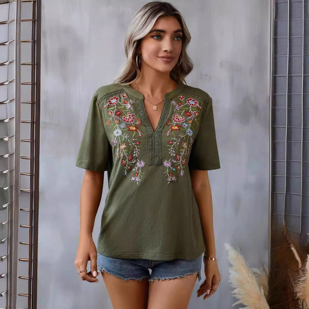 Women's Embroidered Short Sleeve Lace Collar Summer Blouse Shirt - LAKD London