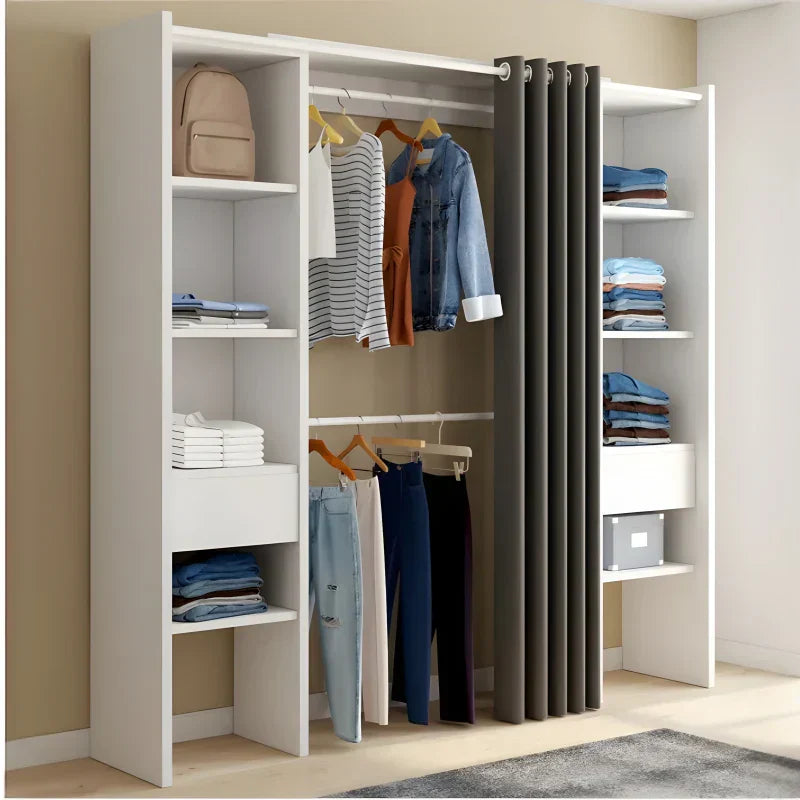 2026 Dressing Extensible Blanc & Gris avec Rideau - tagres - Double Penderie -