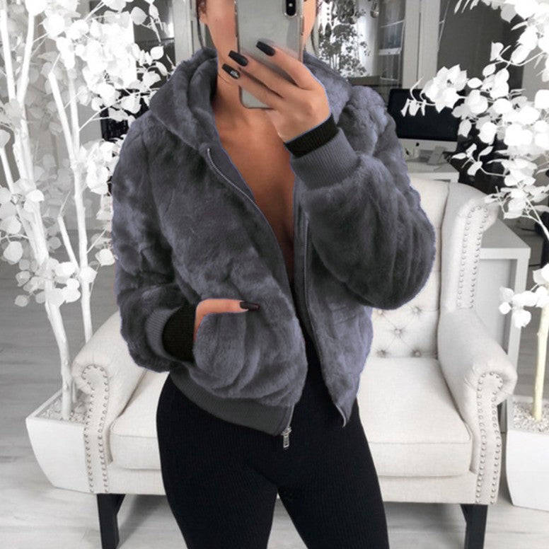 Women's Hooded Rabbit Faux Fur Plush Coat Bomber Jacket - LAKD London