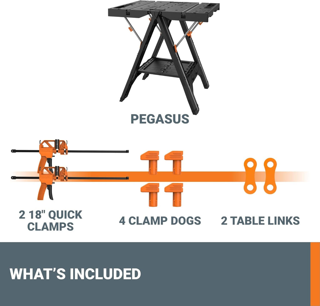 2026 2025 Table de Travail et Chevalet Pliant 2-en-1 Worx Pegasus, Banc de Travail Portable Facile à Installer, 31" L x 25" P x 32" H, Léger avec Haute Capacité de Charge, WX051 - Inclut 2 Serres et 4 Brides
