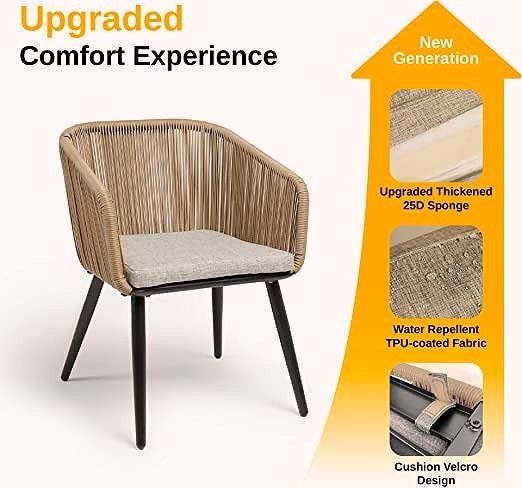 2026 Salon de jardin 3 pièces – Ensemble bistrot en rotin tressé à la main avec coussins imperméables, table avec plateau en verre trempé, mobilier d’extérieur pour terrasse et balcon, marron & gris clair