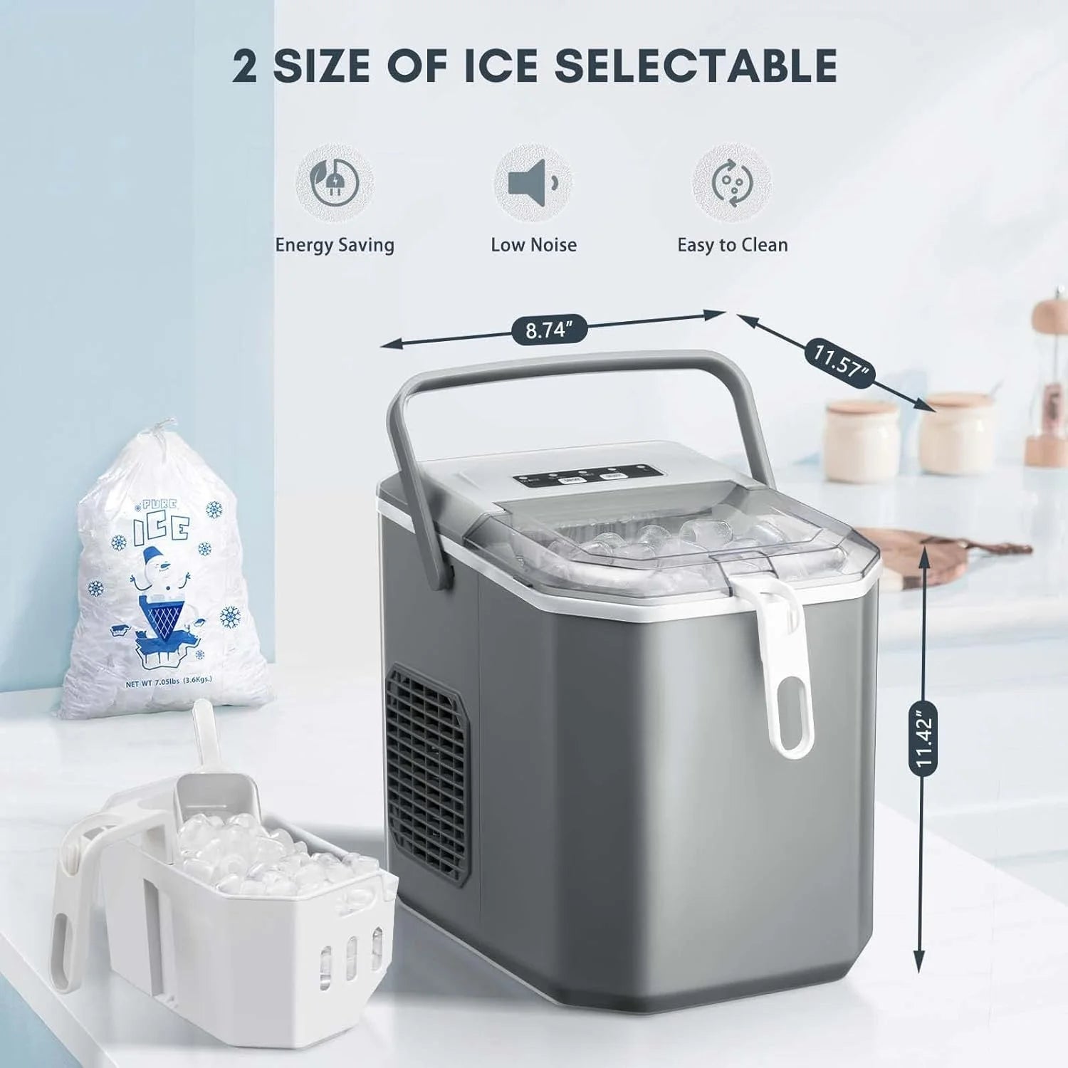 2026 Eiswürfelbereiter für die Arbeitsplatte, tragbare Eismaschine mit Tragegriff, selbstreinigend, Korb und Schaufel, 9 Würfel in 6 Minuten, 12 kg/24 Std., 2 Größen von Bullet Ice, für Zuhause, Küche, Party, grau