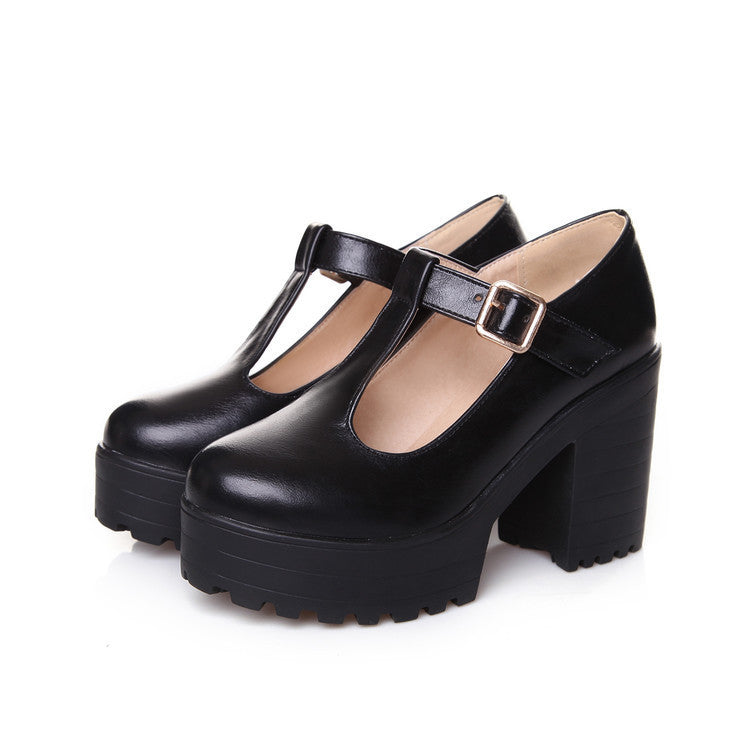Women's Mary Jane Block Heel Platform T Strap Pumps Shoes - LAKD London