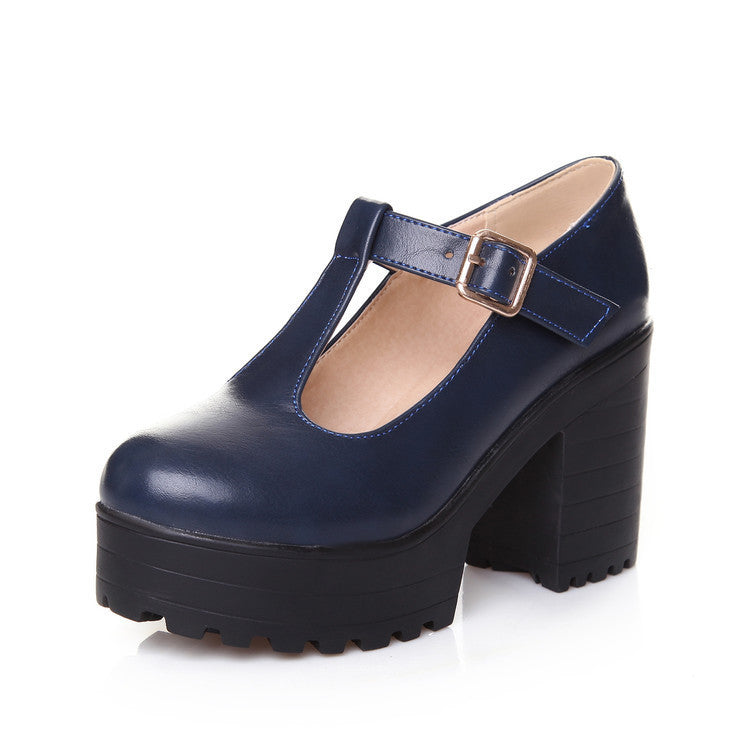 Women's Mary Jane Block Heel Platform T Strap Pumps Shoes - LAKD London