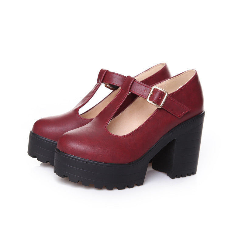 Women's Mary Jane Block Heel Platform T Strap Pumps Shoes - LAKD London