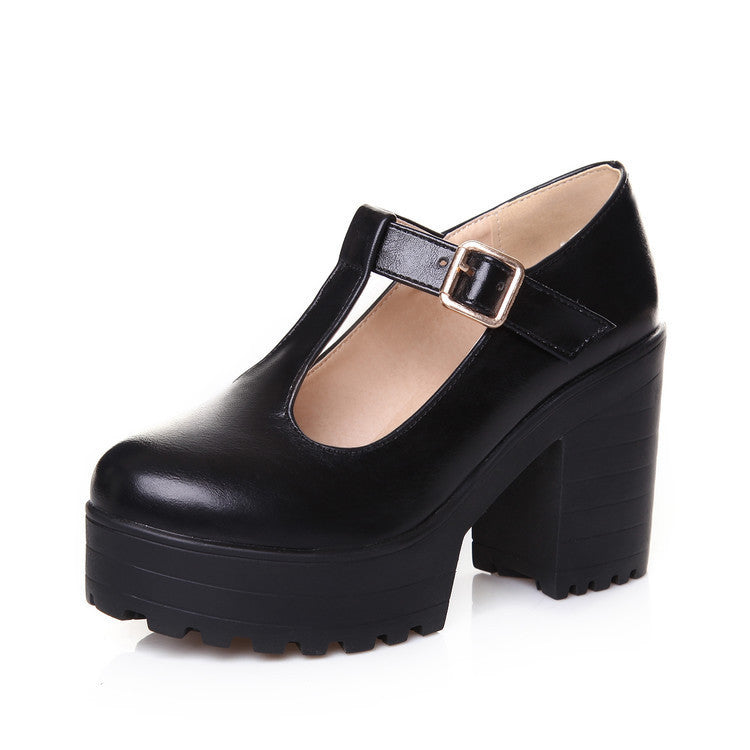 Women's Mary Jane Block Heel Platform T Strap Pumps Shoes - LAKD London
