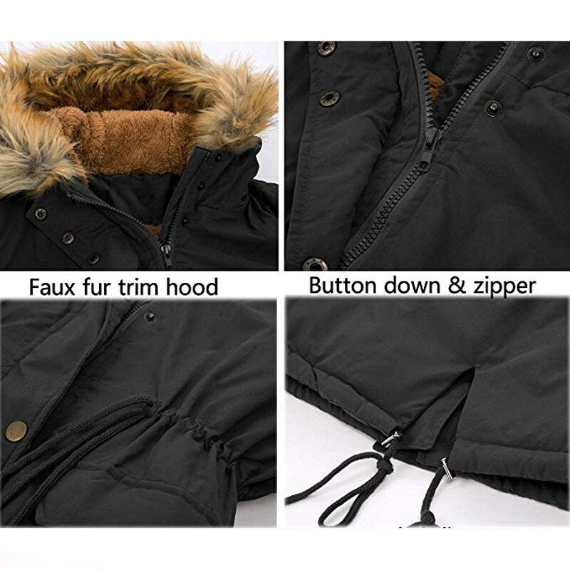 Veste à capuche col en fourrure en velours doublé medium hiver pour femme
