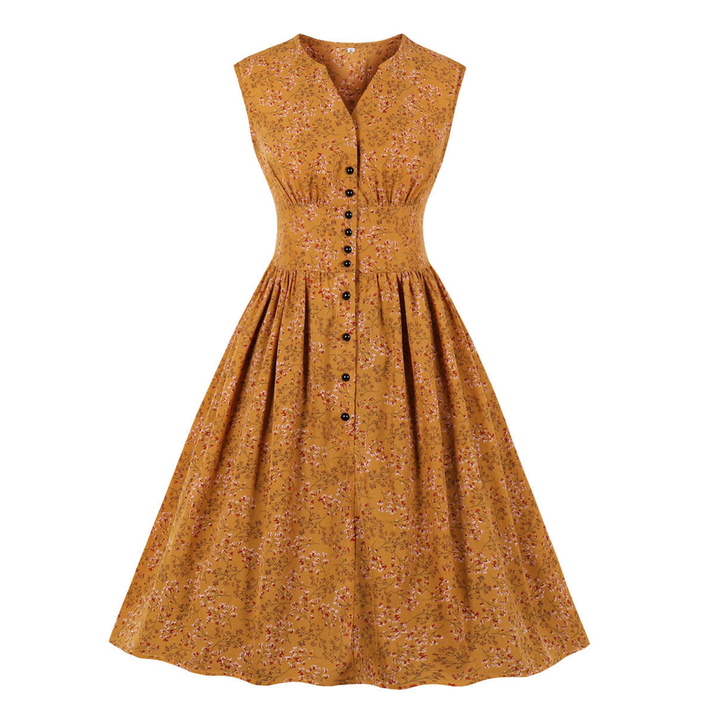 Robe long sans manches rétro fleuri maxi élégant été pour femme