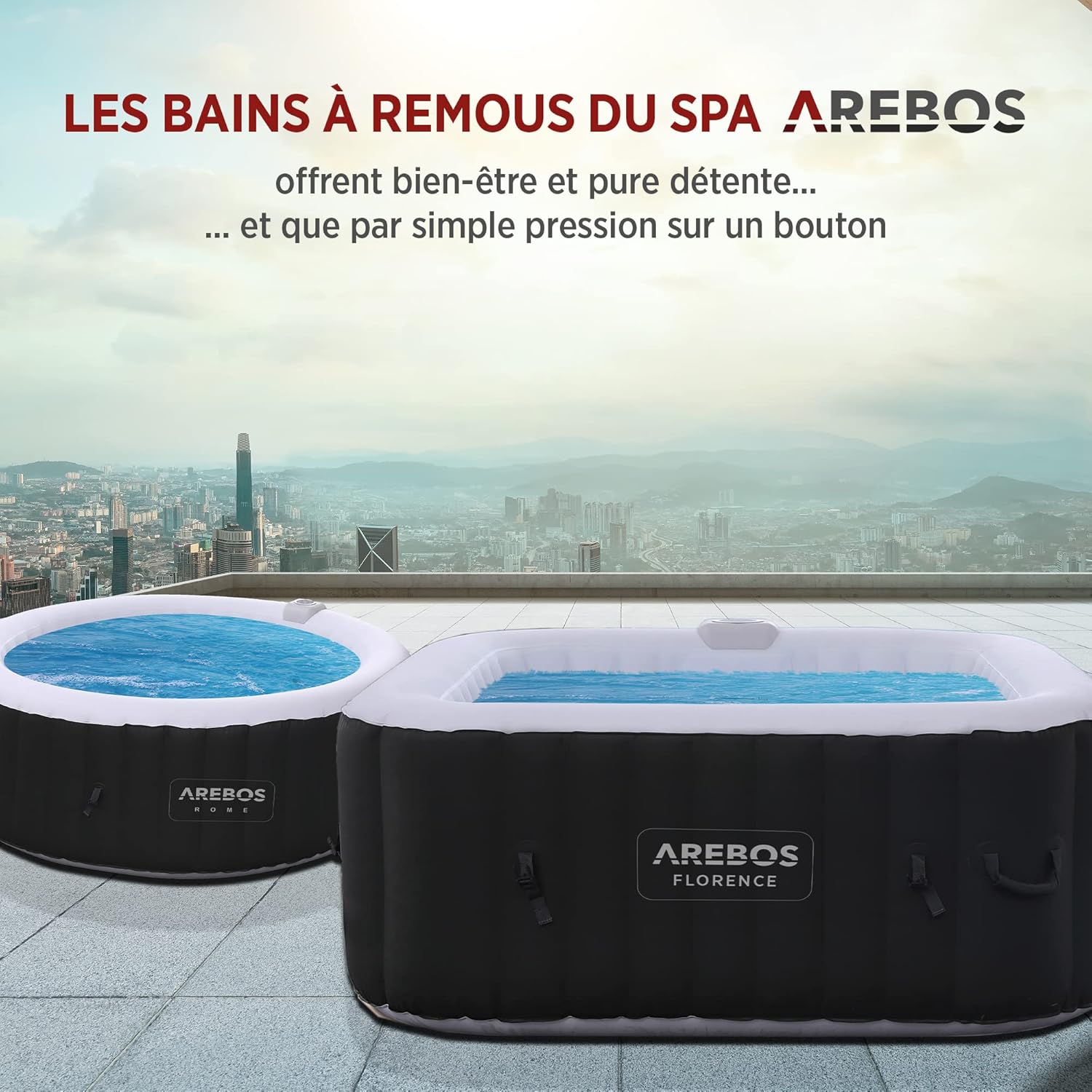 2026 Arebos Spa Gonflable | pour l'intérieur et l'extérieur | 4 Personnes | 154x154cm | 100 Jets de Massage | Spa Bien-être Chauffage | Massage Gonflable Carré | 600 litres