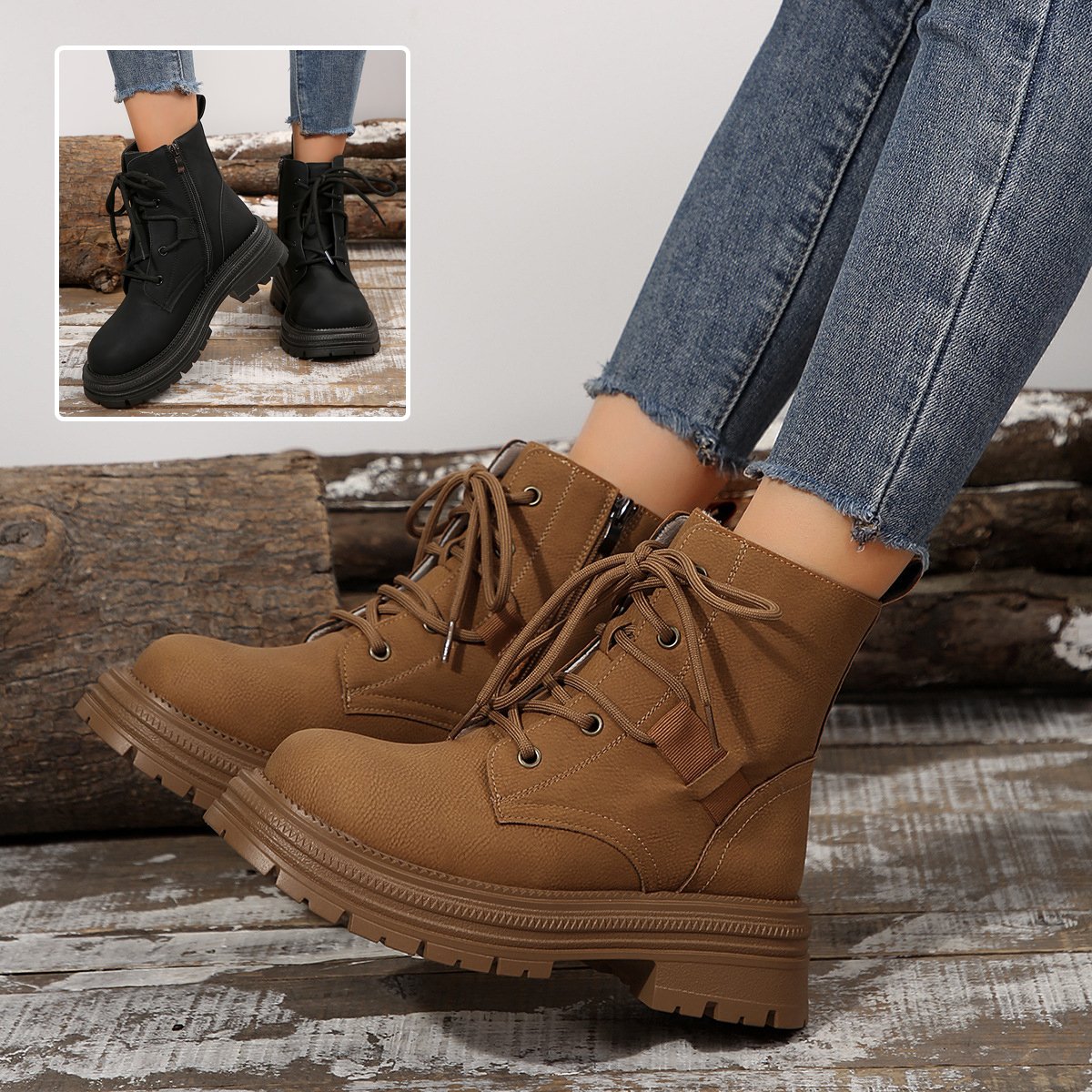 Bottines à lacets cheville carré confortable pour femme