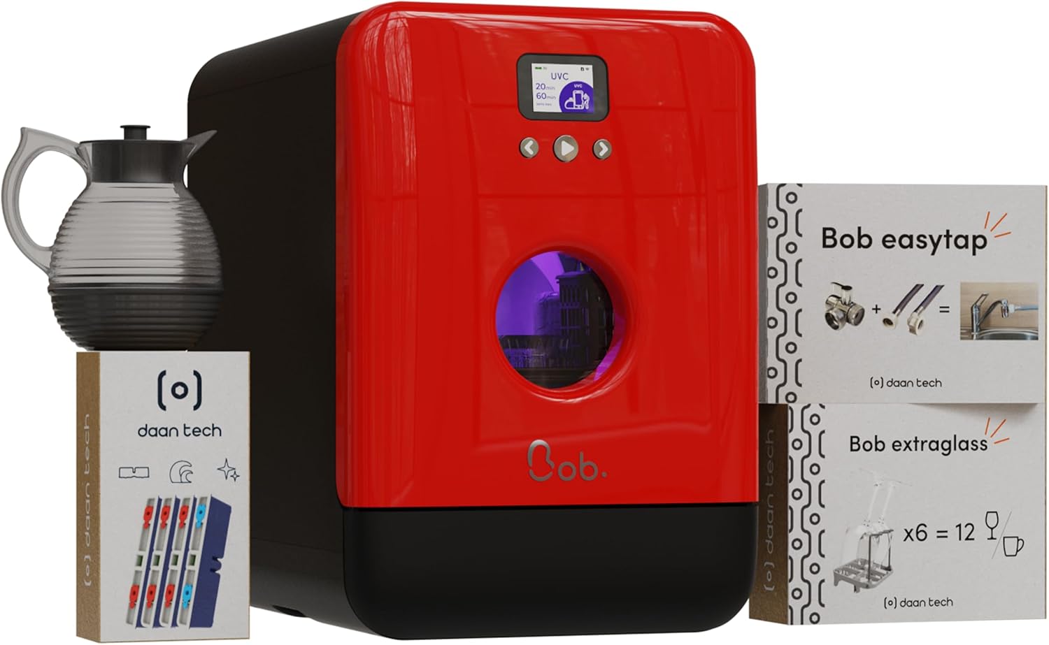 2026 DAAN TECH Bob - Lave-vaisselle Compact 3 Couverts Encastrable - Pose Libre, Avec Réservoir, Portable - Séchage Naturel - Assiette 29 cm - Label Origine France Garantie, Eco-Conçu (Blanc-Rouge)