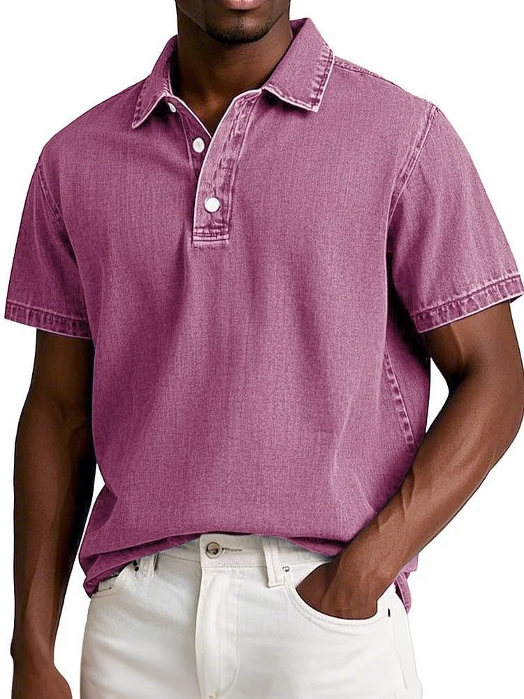 Polo couleur unie vintage manches courtes à revers décontracté pour homme