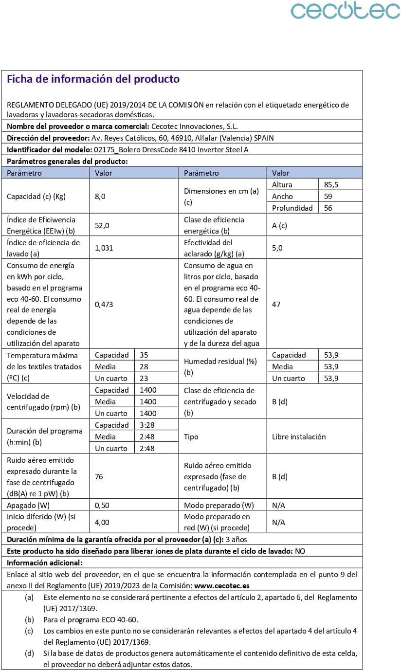 2026 Cecotec Lave-Linge 9Kg Chargement Frontal Bolero Dresscode 9410 Inverter A. 1900W, 1400 tr/min Réglable, 16 Programmes, Faible Consommation d'Énergie, Vapeur, Stérilisation du Linge