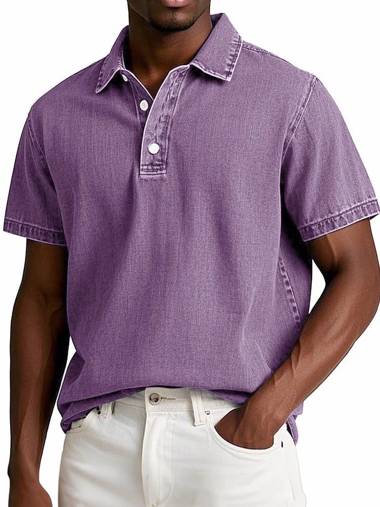 Polo couleur unie vintage manches courtes à revers décontracté pour homme