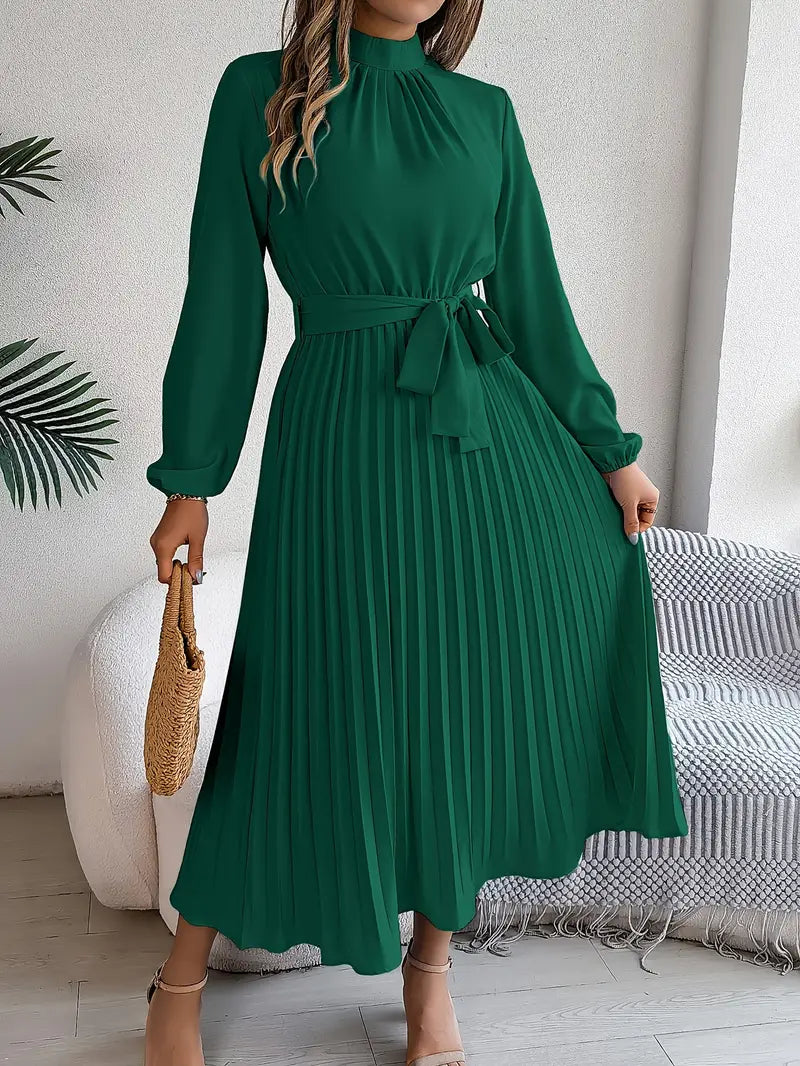 Robe haut de gamme plissé midi ceinturé manches longues pour femme