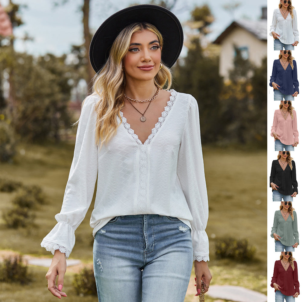 Women's Jacquard Lace V-Neck Long Sleeve Casual Blouse Top - LAKD London