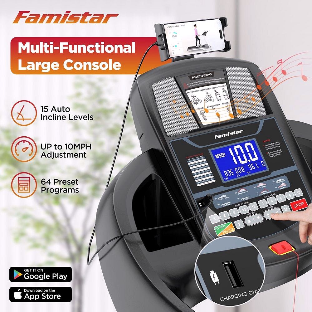2026 Tapis de course pliable Famistar pour la maison avec inclinaison automatique à 15 niveaux, capacité de 300 lbs, vitesse allant jusqu'à 10 MPH