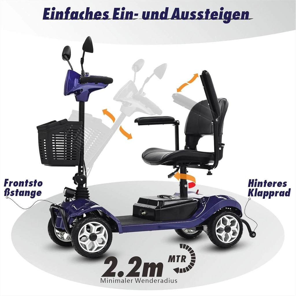 2026 Mobilitätsroller mit 4 Rädern, elektrisch betriebener Rollstuhl, kompaktes Hochleistungsmobil für unterwegs, Erwachsene, Senioren – Langstrecken-Akku mit erweiterter Leistung, Rückspiegel
