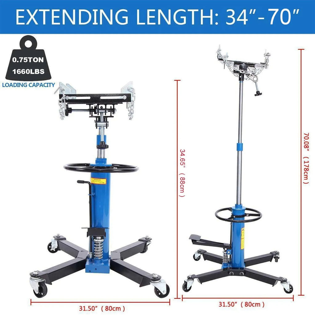 2026 Vertikaler hydraulischer Getriebeheber für Autos, Tragfähigkeit 0,75 Tonne (1660 Pfund), Hubhöhe 33" bis 70", mit 360° schwenkbaren Rollen und Fußpedal – Blau