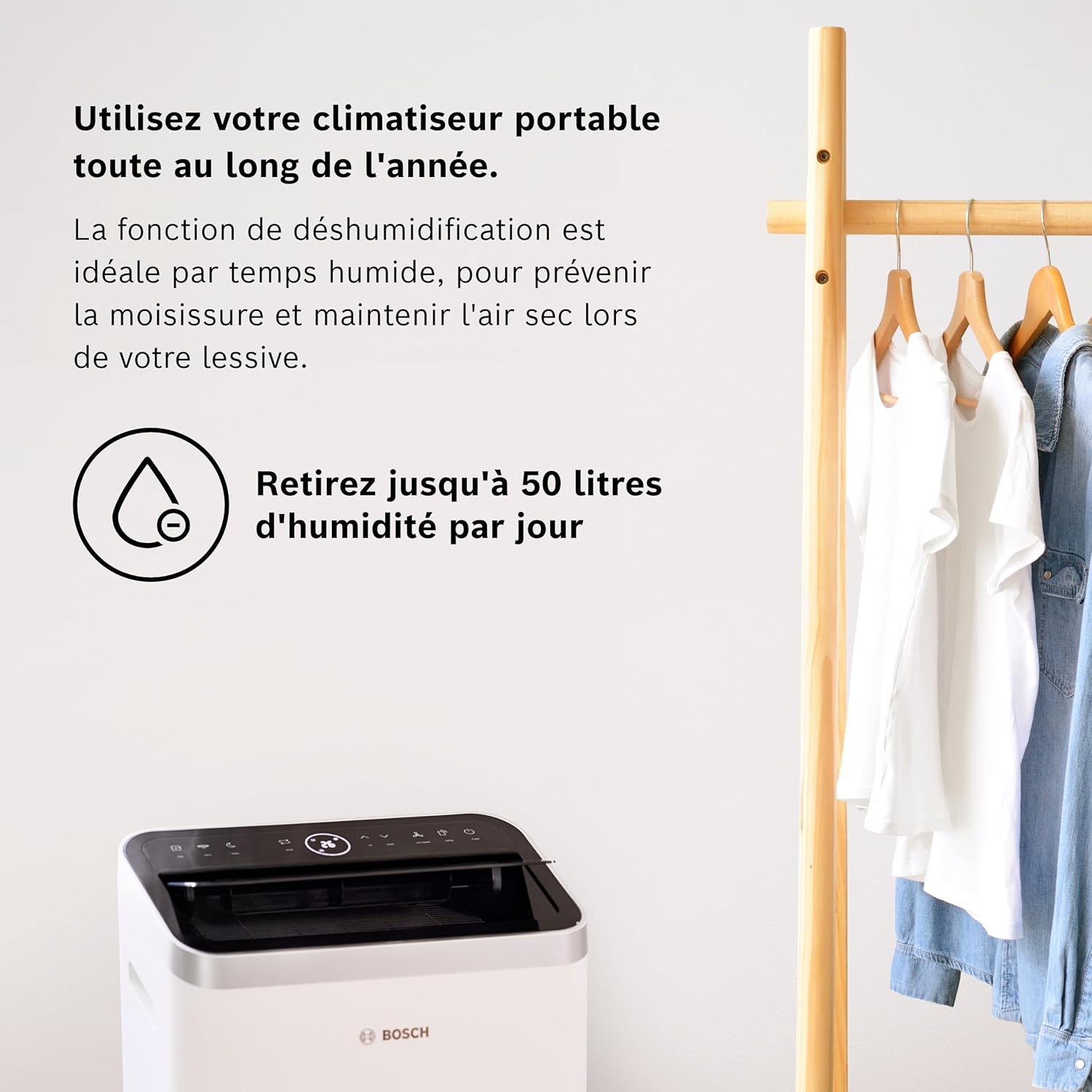 2026 Bosch Cool 4000 Portable AC - 3 en 1 : Climatiseur, Déshumidificateur, Ventilateur - 2,6 kW pour les pièces jusqu'à 35m² - Avec Mode Auto, Mode Silencieux et Mode Veille (48 db (A)) [Classe A+]