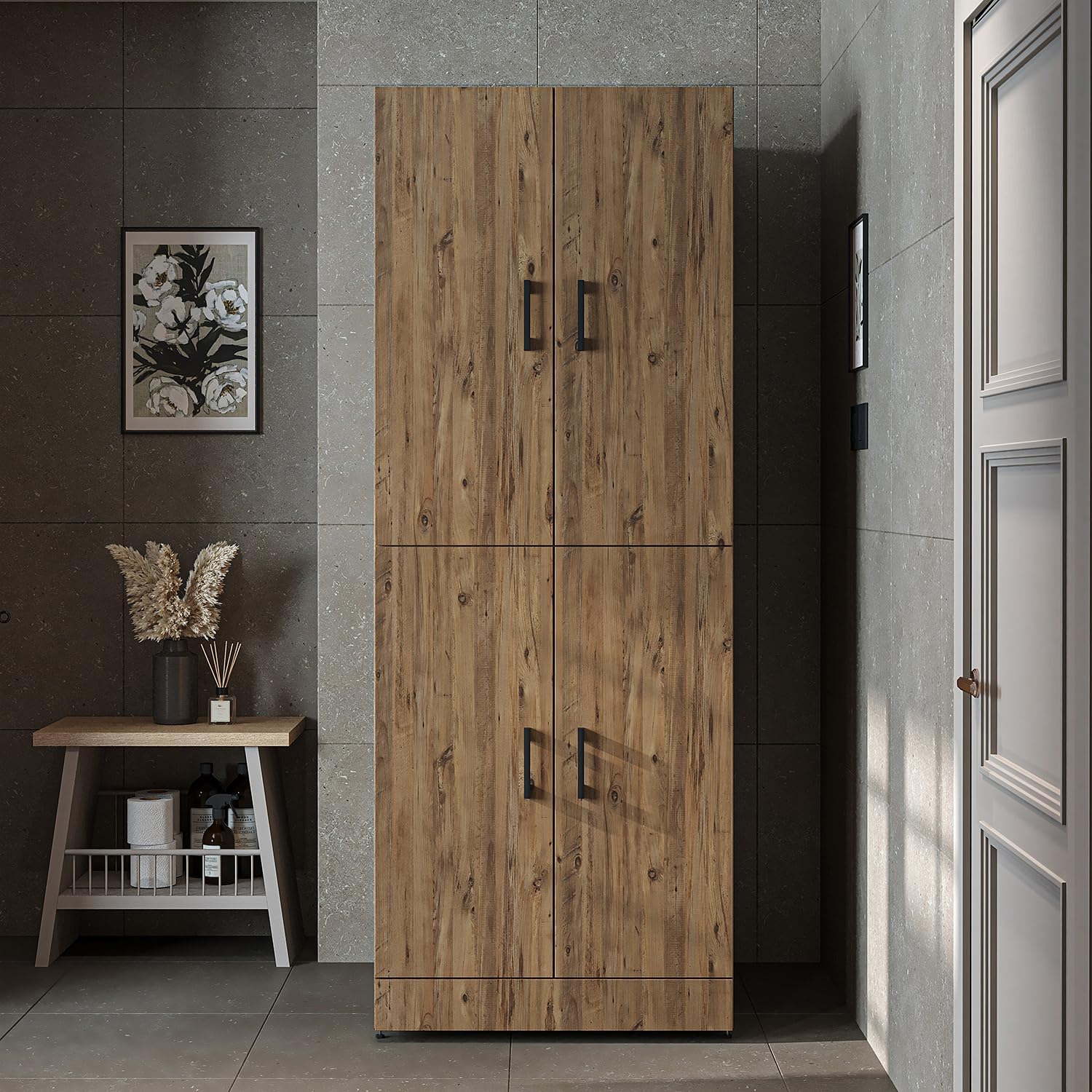 2026 ROOMART Dora Armoire de machine à laver, pour sèche-linge et machine à laver, en 4 couleurs, avec portes et planche coulissante (chêne anthracite)