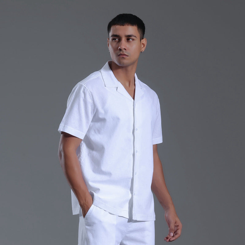 Chemise col cubain en coton et lin manches courtes été décontracté pour homme