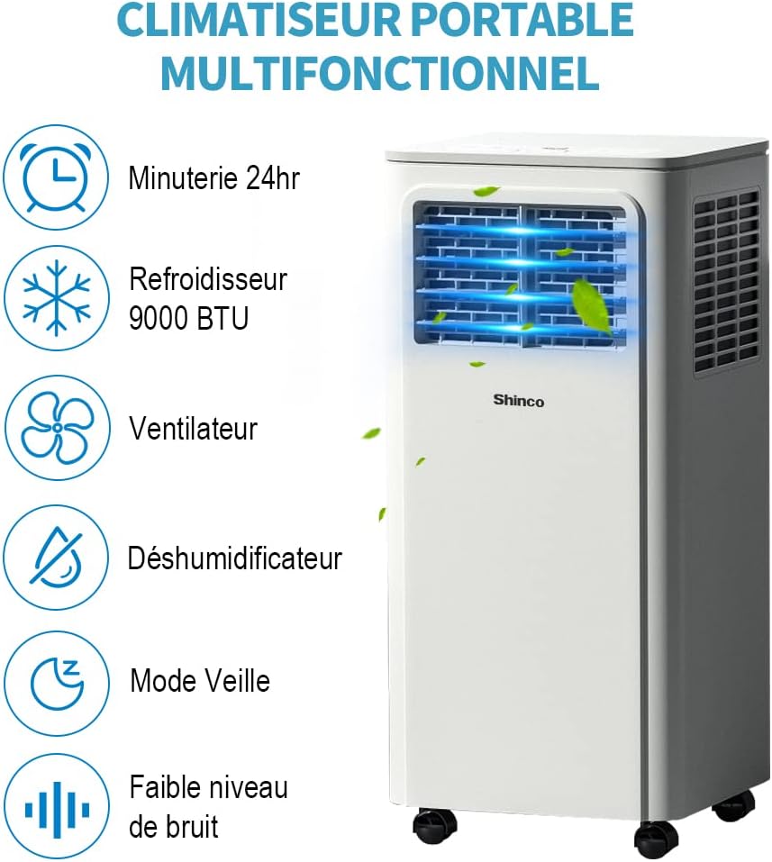 2026 SHINCO Climatiseur mobile, 7000 BTU 2,05kW, Refroidir&Ventilation&Déshumidification, taille de la pièce jusqu'à 54m³(18㎡), Climatiseur mobile avec tuyau d'évacuation et tuyau de vidange, mode sommeil