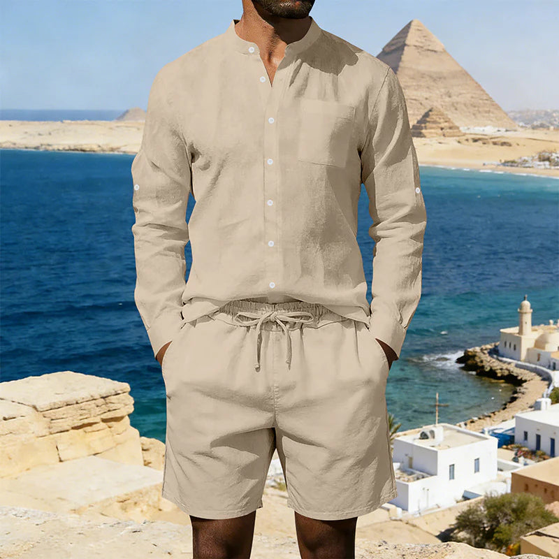 2026 Men's Casual Linen Shirt and Shorts Summer Two Piece Set