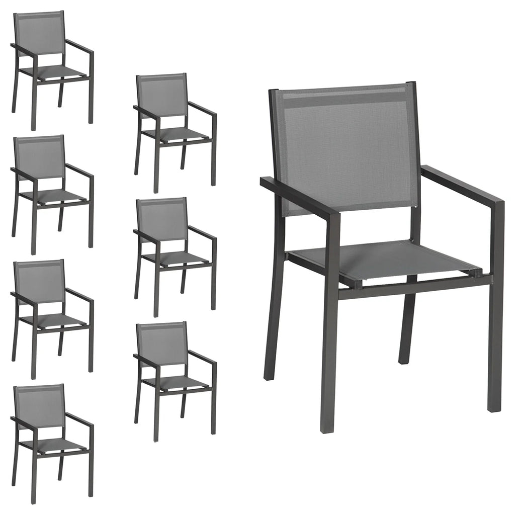 2026 Lot de 8 chaises en aluminium anthracite - textilène gris Happy Garden