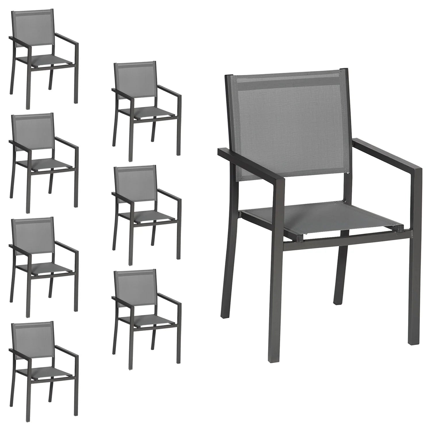 2026 Lot de 8 chaises en aluminium anthracite - textilène gris Happy Garden