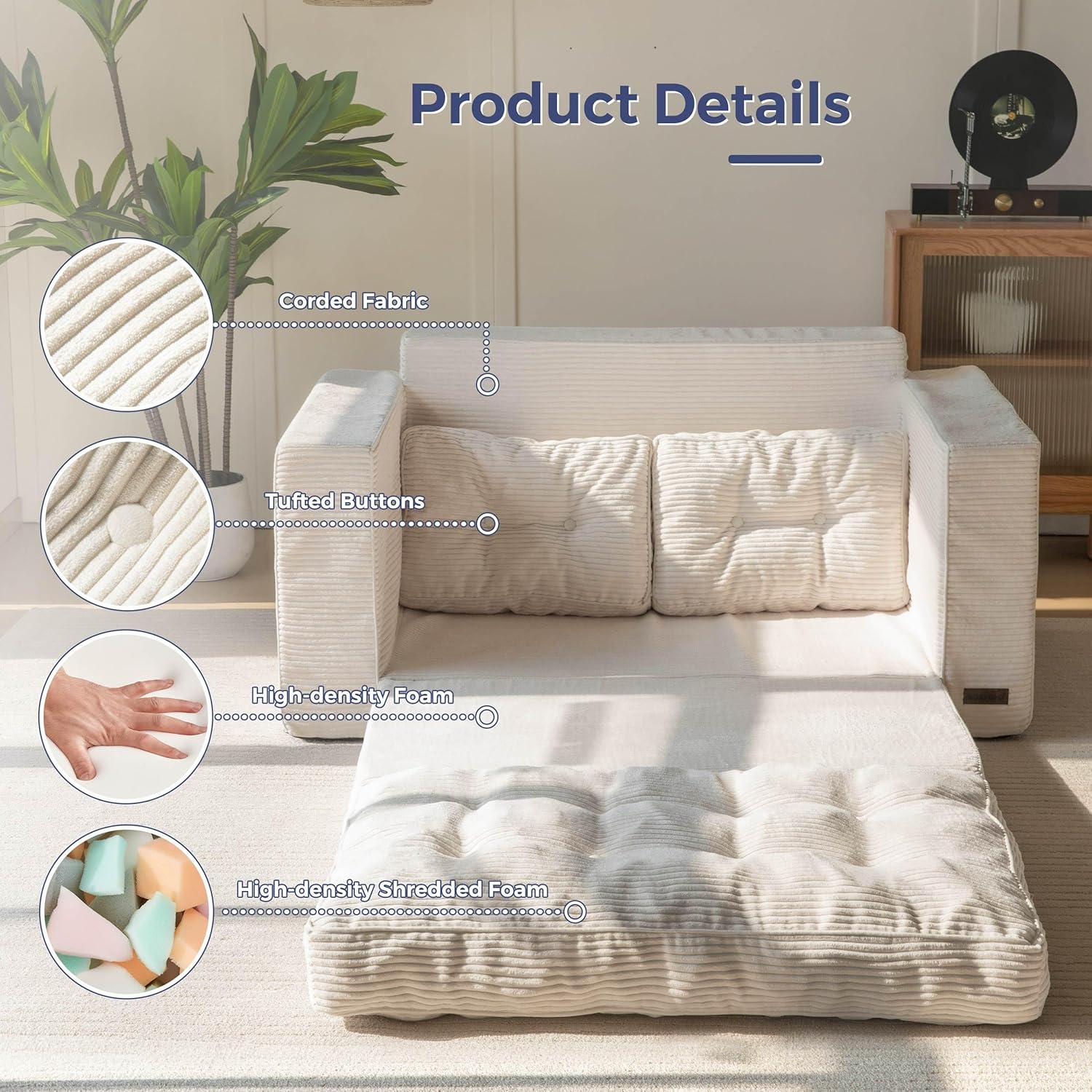 2026 MAXYOYO Canapé-lit Convertible, Matelas Pliable Adulte Convertible Canapé-lit avec 2 Oreillers, Lit d'Appoint Surface de Couchage 101x196CM, Canapé pour Salon, Chambre à Coucher