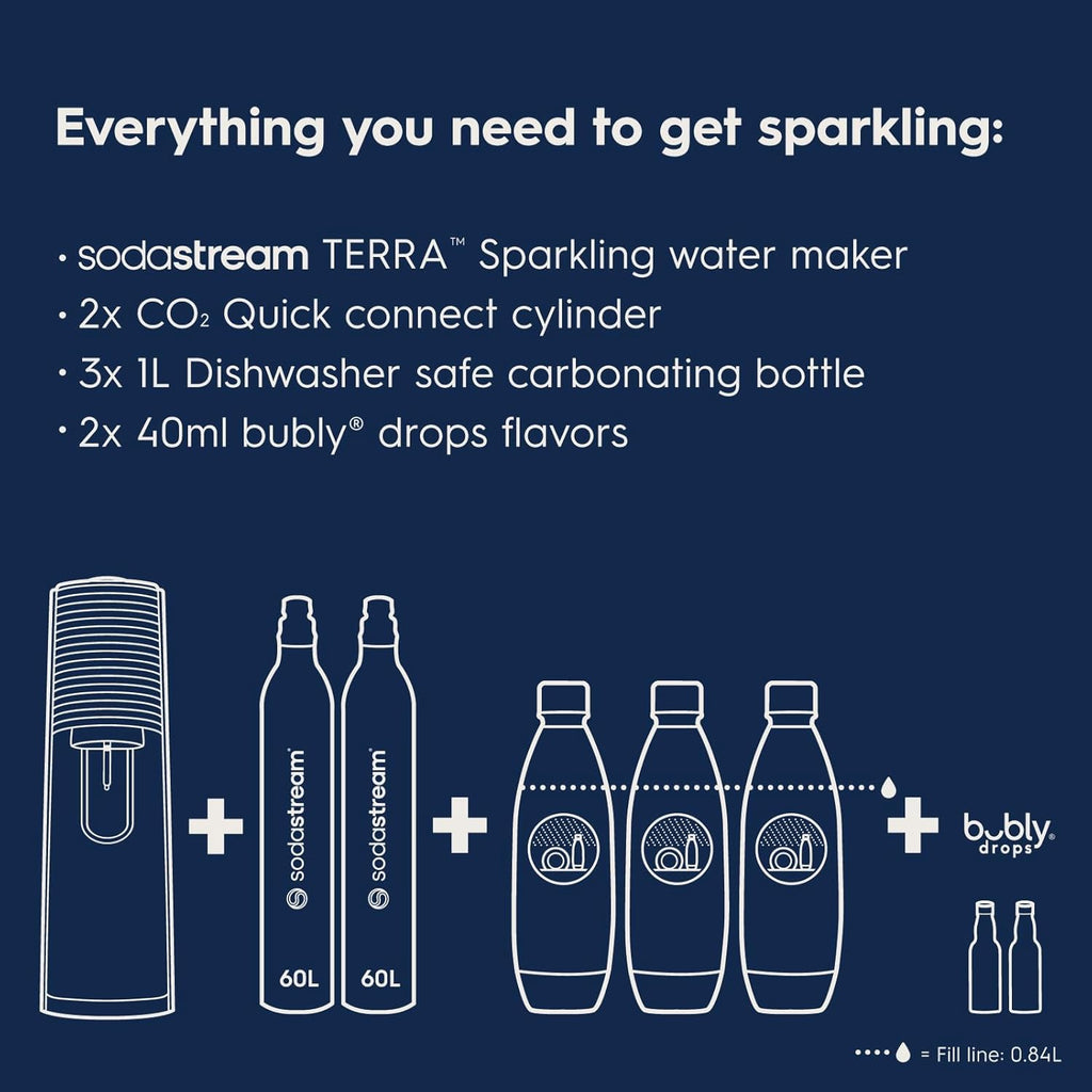 2026 2025 SodaStream Terra Machine à Eau Pétillante Bundle (Noir), avec CO2, Bouteilles Compatibles Lave-Vaisselle et Arômes Bubly Drops
