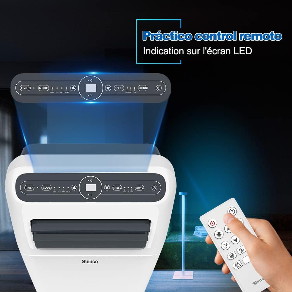 2026 SHINCO Climatiseur mobile, 7000 BTU 2,05kW, Refroidir&Ventilation&Déshumidification, taille de la pièce jusqu'à 54m³(18㎡), Climatiseur mobile avec tuyau d'évacuation et tuyau de vidange, mode sommeil