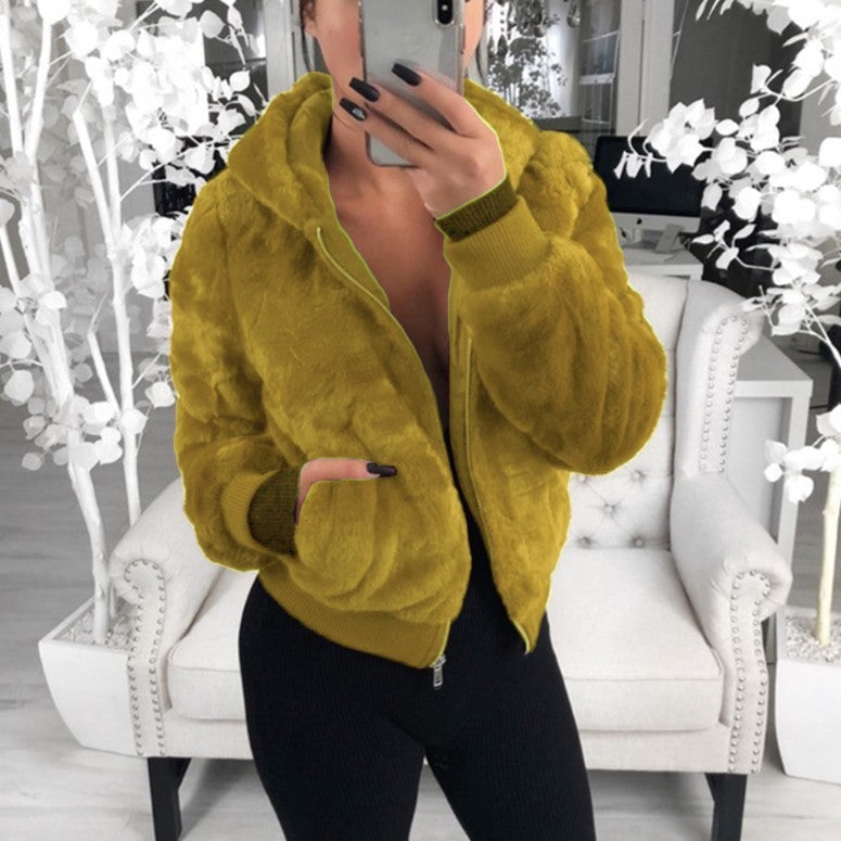 Women's Hooded Rabbit Faux Fur Plush Coat Bomber Jacket - LAKD London