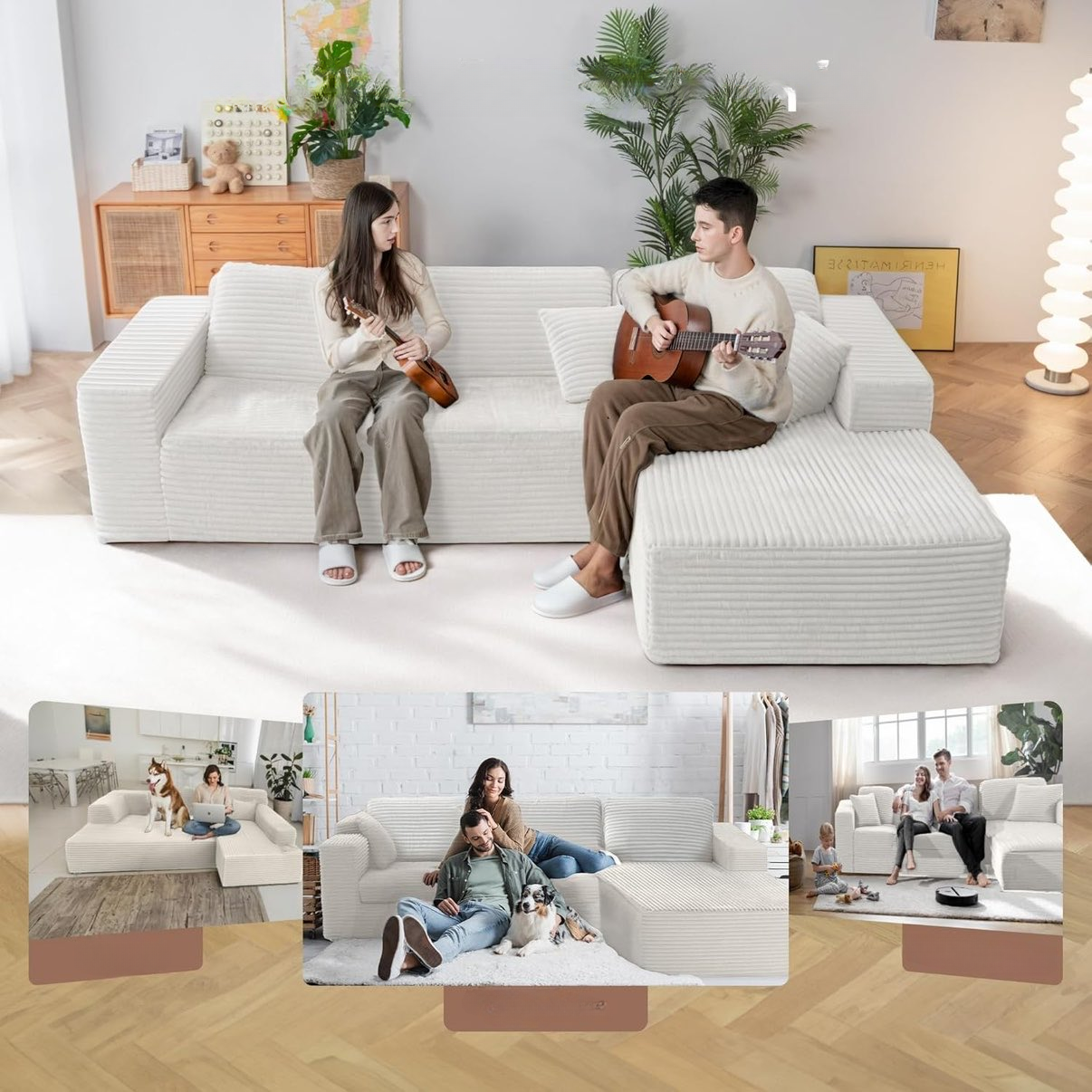 2026 Canapé d'angle 110" sans support, canapé d'angle Cloud Couch, canapé d'angle modulaire en velours côtelé en forme de L avec assise profonde, canapé rembourré pour salon, aucun assemblage requis