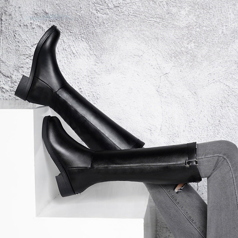 Women's Luxury Thick Heel Zipper Rider High Leather Boots - LAKD London