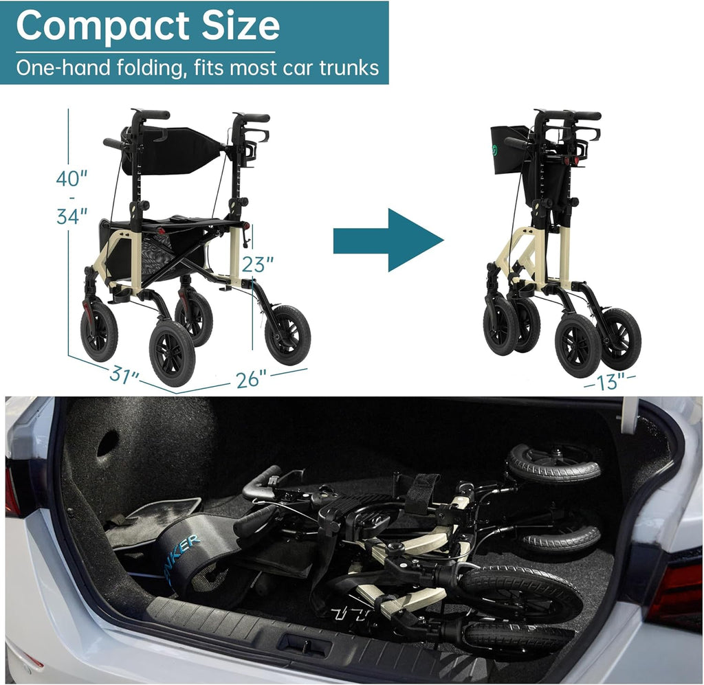 2026 Geländegängiger 2-in-1-Rollator und Transportstuhl, zusammenklappbarer Rollstuhl mit luftlosen 10-Zoll-Rädern für Senioren, umkehrbare Rückenlehne und abnehmbare Fußstützen, blau