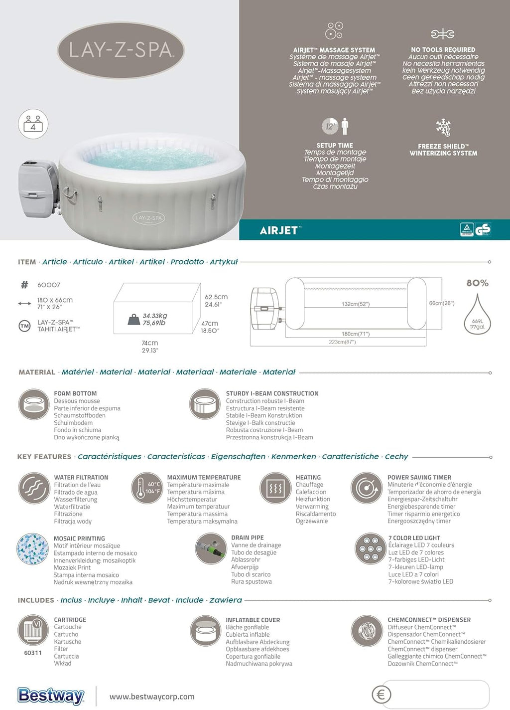 2026 Spa gonflable rond BESTWAY Lay-Z-Spa® Miami Airjet™ 2 - 4 personnes