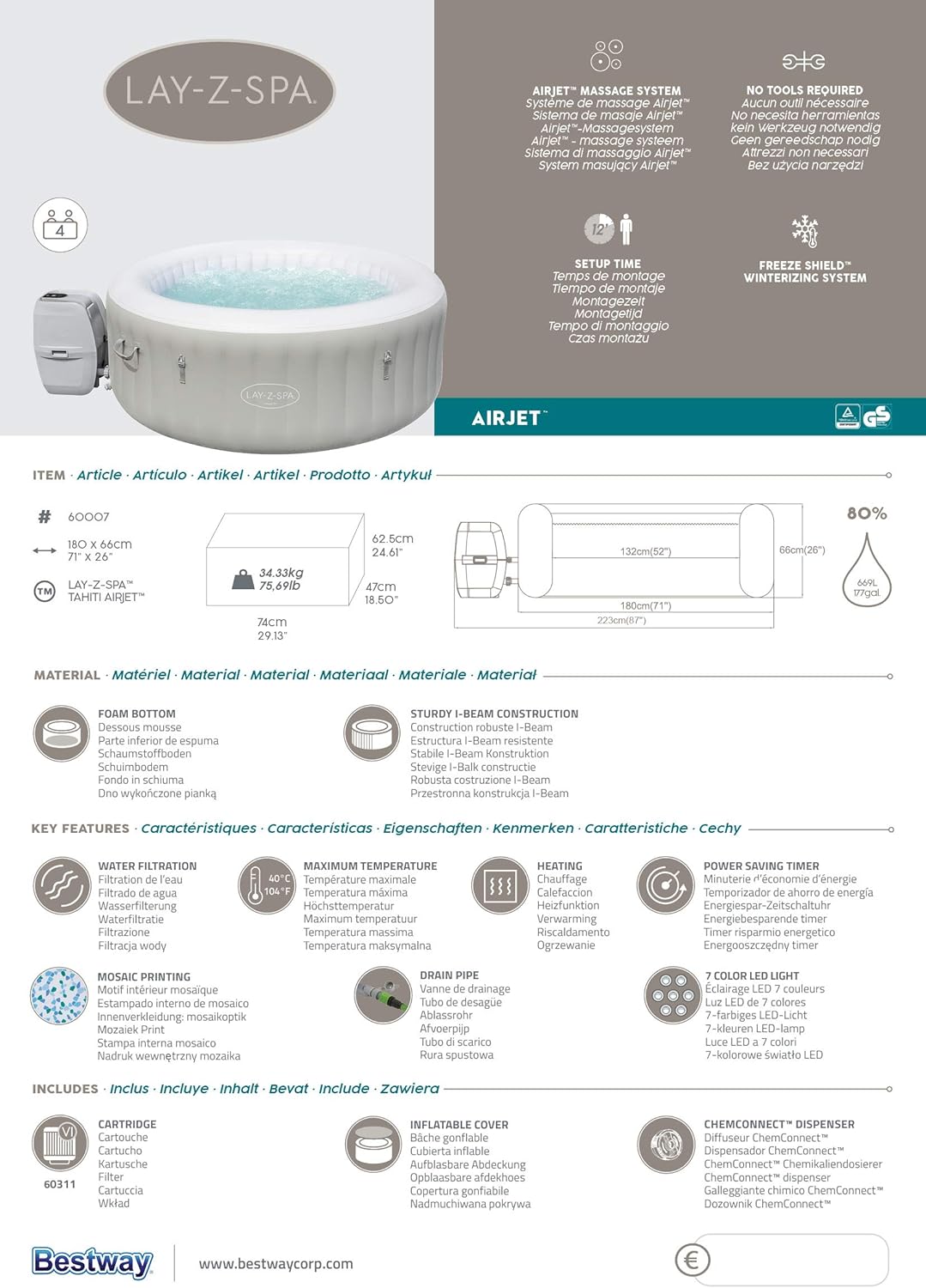 2026 Spa gonflable rond BESTWAY Lay-Z-Spa® Miami Airjet™ 2 - 4 personnes