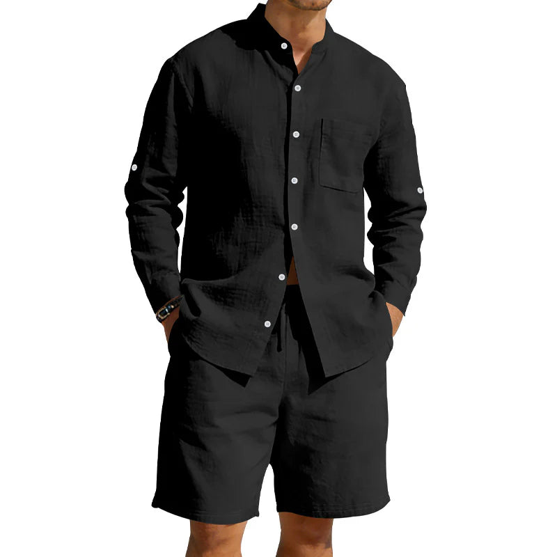 2026 Men's Casual Linen Shirt and Shorts Summer Two Piece Set