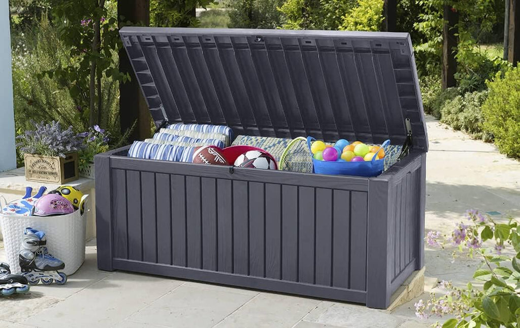 2026 2025 KETER Rockwood 570L – Coffre de Rangement Extérieur Étanche et Résistant, Banc Multifonction, Édition Limitée